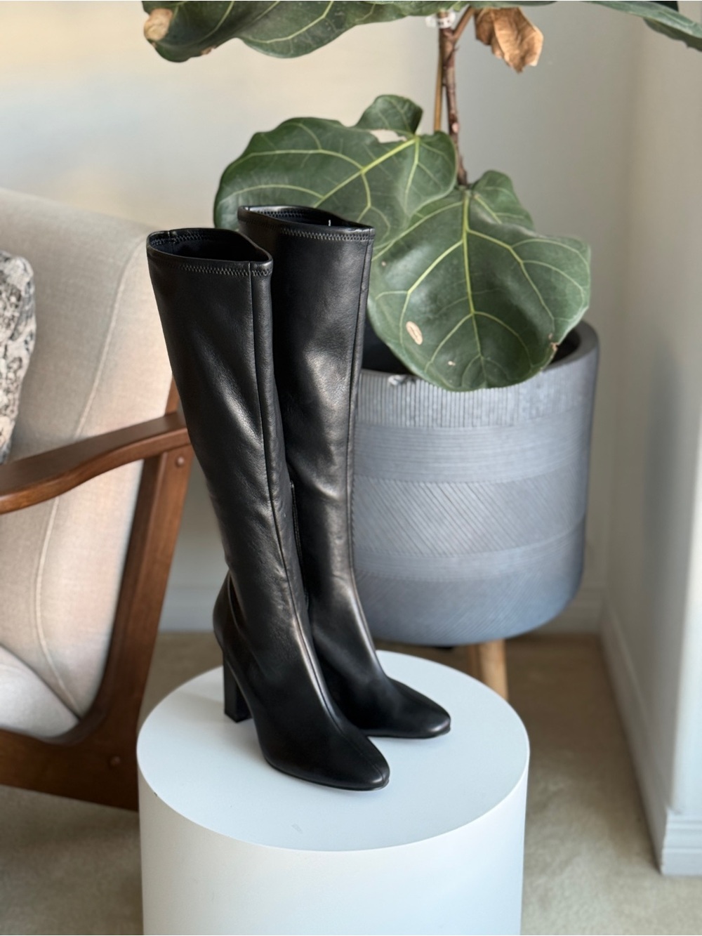 Steve Madden Aria Black Leather Knee-High Block Heel Boots